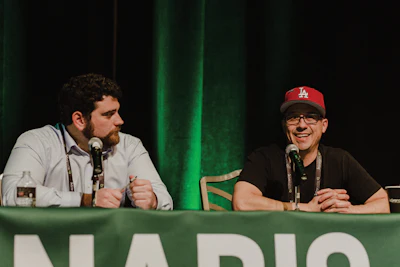 Agrios Global Holdings’ Andrew Lange (left) and Clade9’s David Holmes led a session, moderated by LeafLine Labs’ Emily Kowalski (not pictured), on how to “Lower Your Cost Per Pound While Maximizing Yield.” Photo by Jake Gravbrot