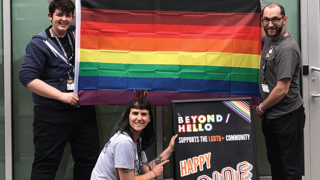 From left: Kaylyn Smith, Sarah Harned and Brian Foster during a Pride event at one of Jushi&rsquo;s Beyond/Hello dispensaries in Pennsylvania.