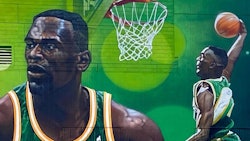 A segment of the mural by Jeff Jacobson, also known as Weirdo, on the exterior of Shawn Kemp's Cannabis