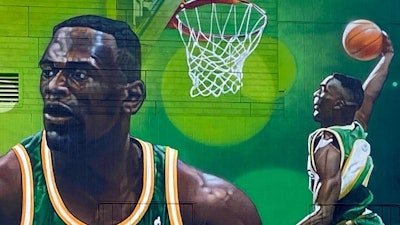 A segment of the mural by Jeff Jacobson, also known as Weirdo, on the exterior of Shawn Kemp's Cannabis