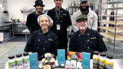The Buckeye Relief infused-foods team, including Kitchen Manager Emily Rollo (front left), Executive Chef Marc London (front right), Kitchen Tech Lupe Rivera (back row, from left), Kitchen Tech Ricardo Yepez and Assistant Kitchen Manager Ryan Fatica, carefully craft a line of cannabis edibles with a focus on taste and effectiveness.