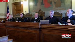 South Dakota Supreme Court Justices Patricia J. DeVaney, from left, Janine M. Kern, Steven R. Jensen, Mark E. Salter and Scott P. Myren hear arguments about the constitutionality of voter-approved Amendment A, which would legalize adult-use cannabis in the state.