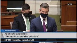 Minnesota House Majority Leader Ryan Winkler addresses an amendment proposal from Rep. Nolan West during discussion of House File 600, an adult-use cannabis bill, Thursday night on the chamber floor.