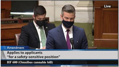 Minnesota House Majority Leader Ryan Winkler addresses an amendment proposal from Rep. Nolan West during discussion of House File 600, an adult-use cannabis bill, Thursday night on the chamber floor.