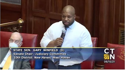 Democratic Sen. Gary Winfield provides context to an amendment included in the adult-use cannabis bill passed by the Connecticut Senate in a special session June 15.