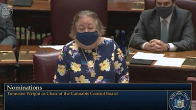 Democratic State Sen. Liz Krueger introduces Tremaine Wright as Gov. Kathy Hochul’s nomination to chair the Cannabis Control Board during a special legislative session Sept. 1.