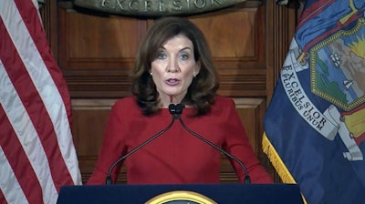 New York Gov. Kathy Hochul calls for a special session during a press conference Aug. 31.