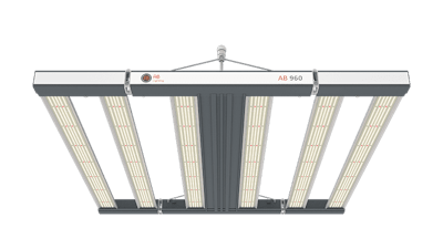 AB960: A high-intensity, top-lighting solution designed for indoor cannabis cultivation. It has a PPF of 2400 umol/s, 960W input power, 0-10V dimming and has a lifespan of over 50,000 hours.