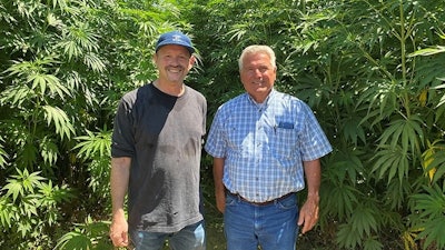 Lawrence Serbin (left) and Tom Pires partnered this summer to trial growing four different varieties of fiber hemp in California's Central Valley.