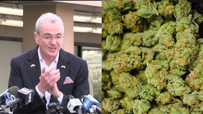 New Jersey Gov. Phil Murphy addresses the media in front of a line of adult-use cannabis customers waiting to enter a Zen Leaf dispensary April 21.