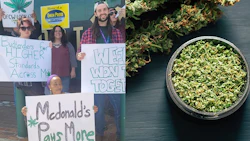 Root 66 dispensary workers celebrate their union election April 4 in St. Louis.