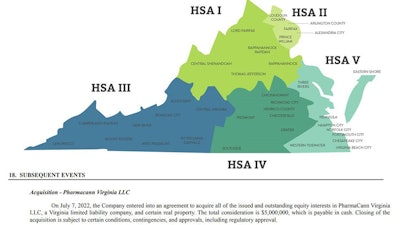 Verano entered into a $5 million cash agreement July 7 to acquire PhamaCann Virginia LLC, which has a license for the state’s Health Service Area I tied up in a lawsuit.