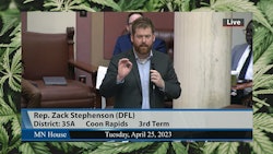 Minnesota state Rep. Zack Stephenson discusses his adult-use legalization bill April 25 on the House floor. Debate, which went until midnight April 24, resumed on April 25 before a full-chamber vote to approve the legislation.
