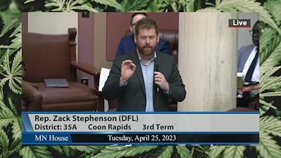 Minnesota state Rep. Zack Stephenson discusses his adult-use legalization bill April 25 on the House floor. Debate, which went until midnight April 24, resumed on April 25 before a full-chamber vote to approve the legislation.
