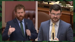 Democratic Rep. Zack Stephenson (left) and Republican Rep. Nolan West urge a yes vote for adult-use cannabis legalization May 18 on the Minnesota House floor.