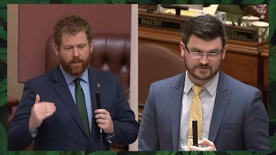 Democratic Rep. Zack Stephenson (left) and Republican Rep. Nolan West urge a yes vote for adult-use cannabis legalization May 18 on the Minnesota House floor.