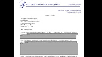 A screenshot of the redacted letter from the U.S. Department of Health and Human Services Cannabis Business Times received in response to its Freedom of Information Act Request.
