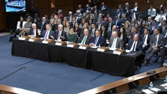 Charles W. Scharf (from left), CEO and president of Wells Fargo & Company; Brian Thomas Moynihan, chairman and CEO of Bank of America; Jamie Dimon, chairman and CEO of JPMorgan Chase & Co.; Jane Fraser, CEO of Citigroup; Ronald O’Hanley, CEO of State Street; Robin Vince, CEO of BNY Mellon; David Solomon, CEO of Goldman Sachs; and James P. Gorman, CEO of Morgan Stanley.