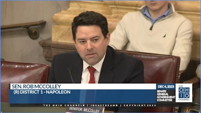 Ohio state Sen. Rob McColley explains proposed legislative changes to a voter-approved adult-use cannabis legalization measure during the General Government Committee's hearing on Dec. 4.