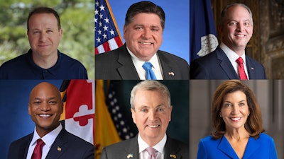 Govs. Jared Polis, Colo. (from top left), JB Pritzker, Ill., John Bel Edwards, La., Wes Moore, Md. (from bottom left), Phil Murphy, N.J., and Kathy Hochul, N.Y.