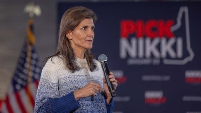 Republican presidential candidate Nikki Haley addresses a town hall audience at a campaign event in New Hampshire in December 2023.