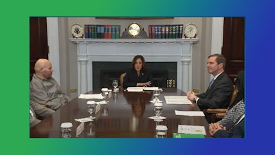 Vice President Kamala Harris with rapper Fat Joe and Kentucky Gov. Andy Beshear during the White House roundtable discussion March 15.