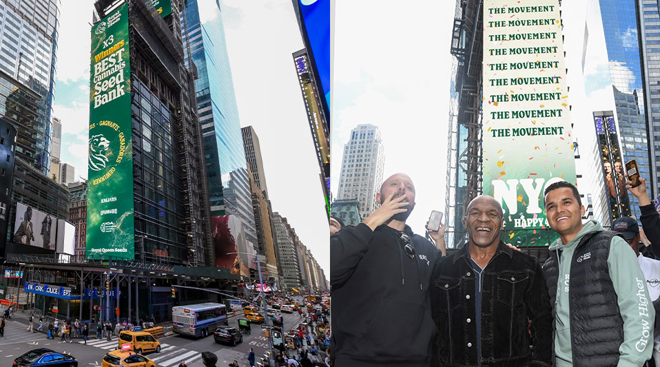 Left: A view of the atmosphere during the Royal Queen Seeds Takeover One Times Square Billboard for 4/20 on April 20, 2024 in New York City. Right: From left: Carma HoldCO CEO Adam Wilks, Mike Tyson and President of Royal Queen Seeds Shai Ramsahai attend the Royal Queen Seeds takeover of the One Times Square Billboard for 4/20.
