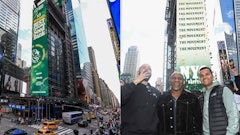 Left: A view of the atmosphere during the Royal Queen Seeds Takeover One Times Square Billboard for 4/20 on April 20, 2024 in New York City. Right: From left: Carma HoldCO CEO Adam Wilks, Mike Tyson and President of Royal Queen Seeds Shai Ramsahai attend the Royal Queen Seeds takeover of the One Times Square Billboard for 4/20.