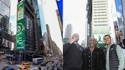 Left: A view of the atmosphere during the Royal Queen Seeds Takeover One Times Square Billboard for 4/20 on April 20, 2024 in New York City. Right: From left: Carma HoldCO CEO Adam Wilks, Mike Tyson and President of Royal Queen Seeds Shai Ramsahai attend the Royal Queen Seeds takeover of the One Times Square Billboard for 4/20.