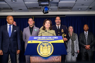 New York Gov. Kathy Hochul pledges to combat the illicit cannabis market and discusses reforms as part of the state's fiscal year 2025 budgetduring a press conference April 19.