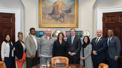 Chris Goldstein (second from right) with VP Kamala Harris, Gov. Andy Beshear and the other attendees at the closed-door White House roundtable discussion in the Roosevelt Room March 15.