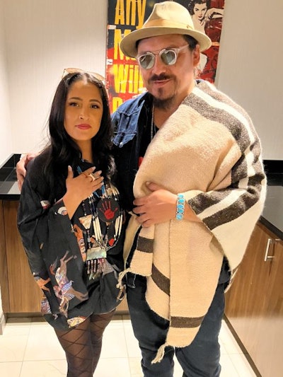 Lindsey Renner (left) with Ira Vandever, Diné Nation owner/operator, Turquoise Indigo Fibers, advocate for The Indigenous Standards, Hempster. Vandever shawl is of Hemp, Cashmere and Navajo Churro Wool. Hand spun, naturally dyed with red clay.
