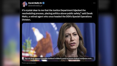 A post by newly appointed DEA Acting Administrator Derek Maltz on X in May 2024.