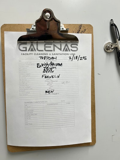 Ohio-based cannabis cultivator Galenas' facility cleaning and sanitation log.
