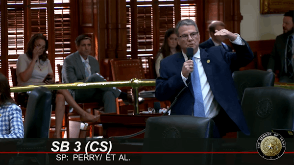 Texas state Sen. Charles Perry, R-Lubbock, pushes for Senate Bill 3's passage March 17 on the chambers floor.