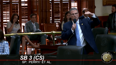 Texas state Sen. Charles Perry, R-Lubbock, pushes for Senate Bill 3's passage March 17 on the chambers floor.