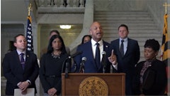 Maryland Gov. Wes Moore holds a press conference March 20 with legislative leaders on their budget framework agreement.