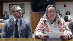 Laura Bruneau (right), mother of deceased cannabis worker Lorna McMurrey, and Massachusetts Coalition for Cannabis Worker Safety co-founder Danny Carson testify on House Bill 194.