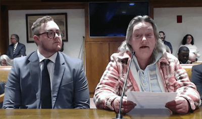 Laura Bruneau (right), mother of deceased cannabis worker Lorna McMurrey, and Massachusetts Coalition for Cannabis Worker Safety co-founder Danny Carson testify on House Bill 194.