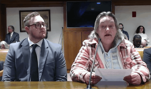 Laura Bruneau (right), mother of deceased cannabis worker Lorna McMurrey, and Massachusetts Coalition for Cannabis Worker Safety co-founder Danny Carson testify on House Bill 194.