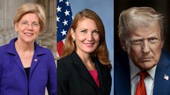 U.S. Sen. Elizabeth Warren (left), D-Mass., Rep. Melanie Stansbury, D-N.M., and President Donald Trump.