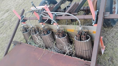 Yeti Farms' Shawn Honaker uses a propane-fired weed burner, resembling a Bush Hog mower, attached to the back of a pickup truck, he says, “but instead of blades, we use propane flames that penetrate the soil and destroy as many grasshopper eggs as we can.'