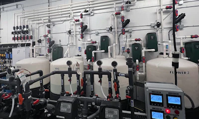 Treated water feeding different grow rooms.