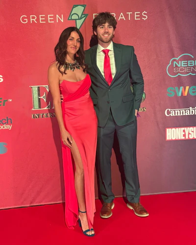 PayRio CEO Aubrey Amatelli and Digital Marketing Manager Chase Nightingale at Emjay’s Awards 2025, where PayRio was named a finalist for 'Financial Services of the Year.'