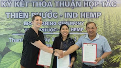 IND HEMP CEO Morgan Tweet, Thien Phuoc Owner Ms Thuy, and Summit International Trade owner Thanh HU celebrate the signing of a memorandum of understanding, outlining a farm-to-fashion hemp fiber textile supply chain collaboration with U.S.-grown hemp fiber supplying the Vietnamese textile industry.