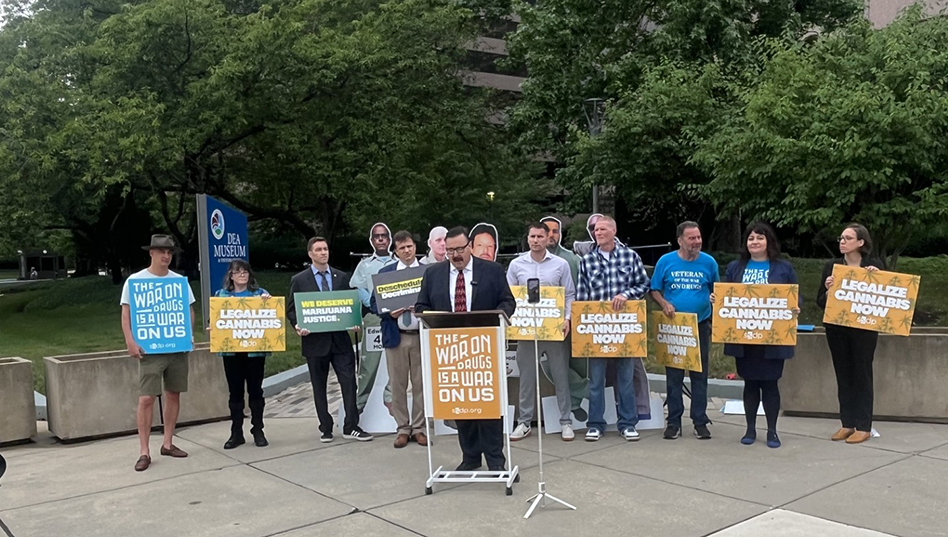 Students for Sensible Drug Policy hold a press conference outside the Drug Enforcement Administration's headquarters ahead of the administrative law judge hearing for the Schedule III proposed rule on June 29 in Arlington, Va.