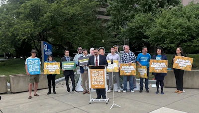 Students for Sensible Drug Policy hold a press conference outside the Drug Enforcement Administration's headquarters ahead of the administrative law judge hearing for the Schedule III proposed rule on June 29 in Arlington, Va.