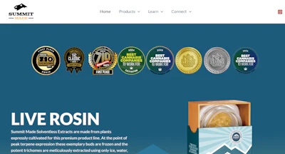 Summit Made's website showcases its awards, including the logos from three consecutive years ranking as a 'Best Cannabis Company to Work For.'