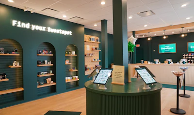 The sales floor at Sweetspot Hamilton features product display arches, self-service kiosks, designed to make the shopping experience feel approachable and intuitive.