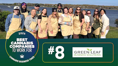 Green Leaf Business Solutions ranked #8 in 2026 Best Cannabis Companies to Work For by Cannabis Business Times, with team members in yellow aprons by waterfront
